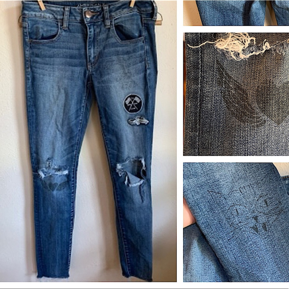 American Eagle Distressed Patch Jeans: Heart & Cat